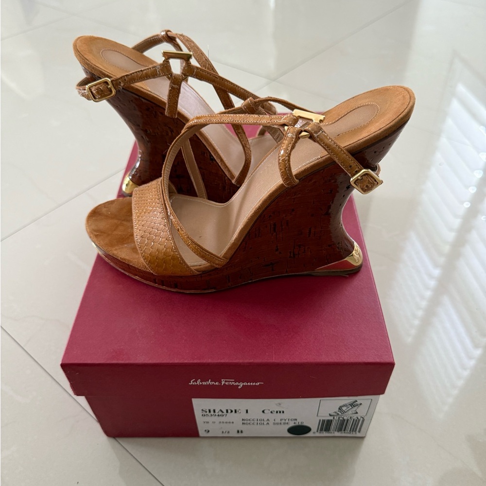 Salvatore Ferragamo Brown Wedge Sandals with Strappy Design